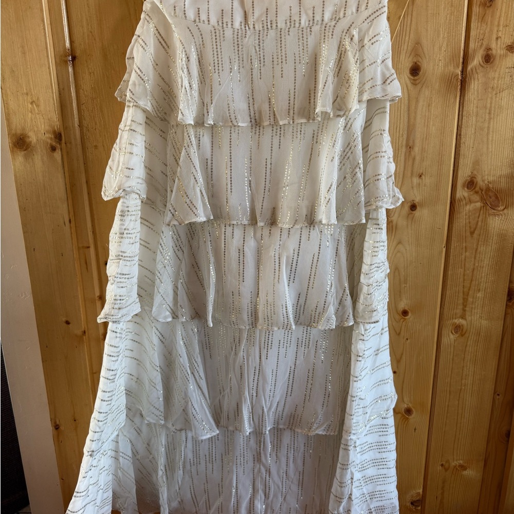 Shore Brand white rifle tiered maxi skirt with gold metallic accents, size M